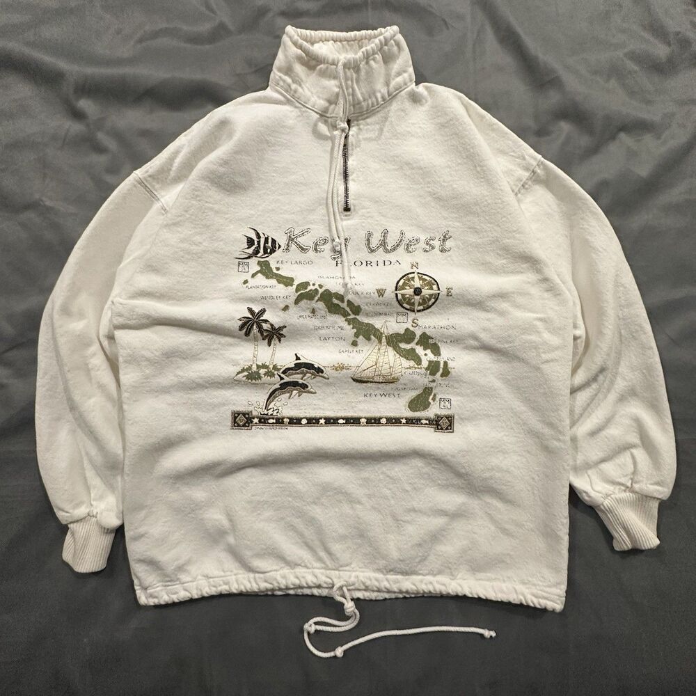 Vintage 90s Key West Florida Sweatshirt Mens Medium Made USA Map Zip Drawstring